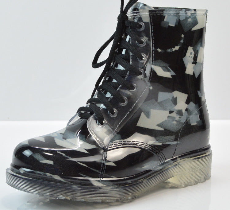 Fashion Summer Ladies Transparent Floral Rain Boots Martin Warm Water Shoes