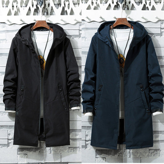 Autumn Hooded Jacket Coat Solid Color Mid Length