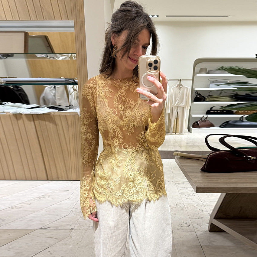 French-style Chic Sexy And Elegant T-shirt Sheer Solid-color Lace Top