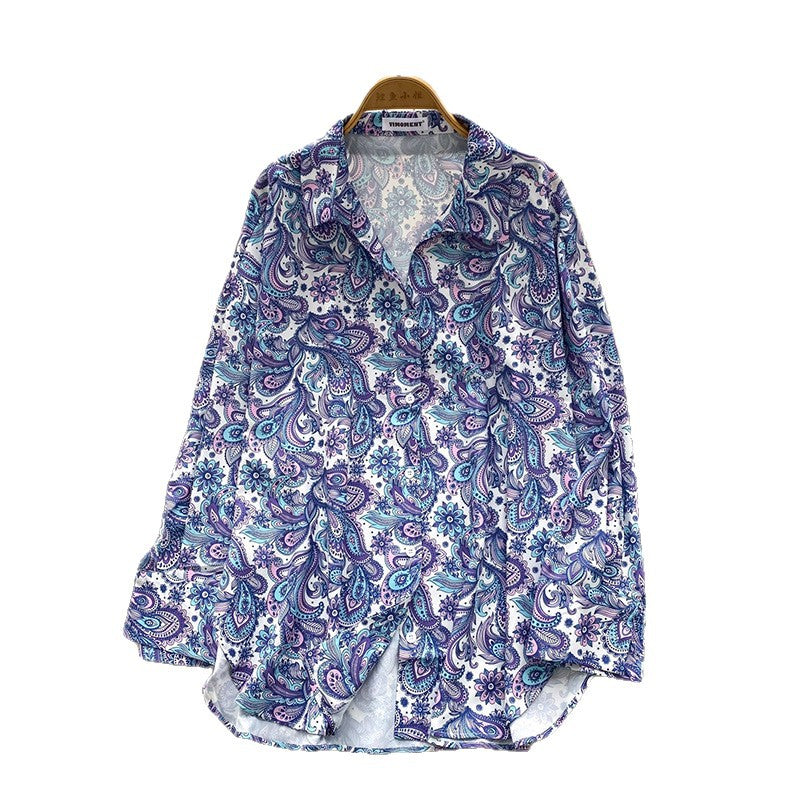 Relaxed Casual Shirt Women Autumn Europe And America Fashion Loose Slim Versatile Long Sleeve Printed Cardigan Top