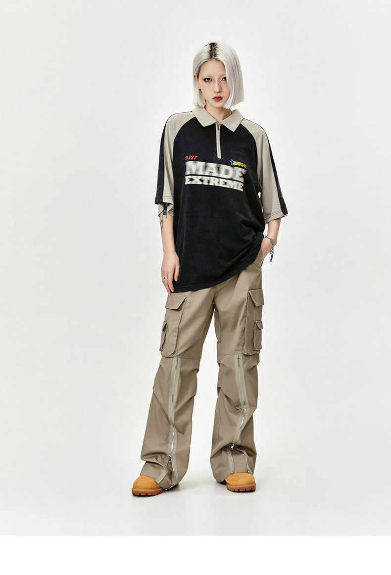 Retro Contrast Color Half Zipper Printed Letter Short Sleeve Polo Shirt