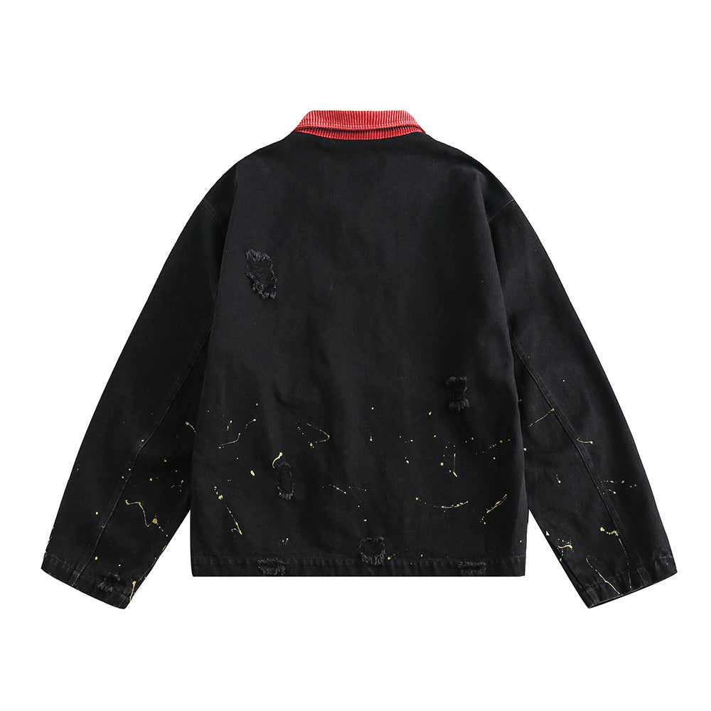 Color Matching Letters Polo Collar Jacket Men's Trendy Punk