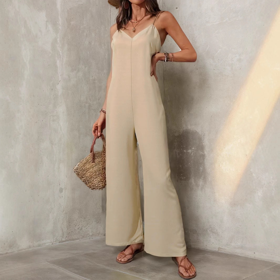 Elegant Solid Color Baggy Straight Trousers Casual Jumpsuit