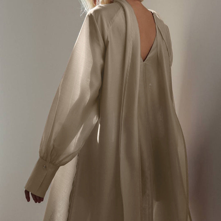 Stand-up Collar Tie-up Long Sleeve Side Slit Dress