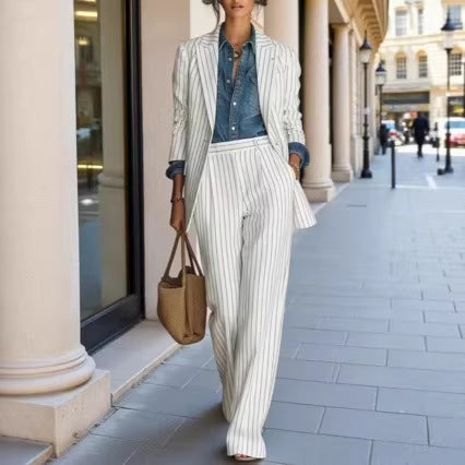 Casual, Stylish, Professional Striped Blazer And Pants Set With A High-end Finish