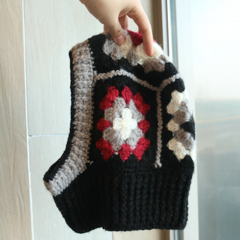 Mohair Contrast Color Niche Hand Crocheting Knitted Neckerchief One Sleeve Cap Warm Wool Hat