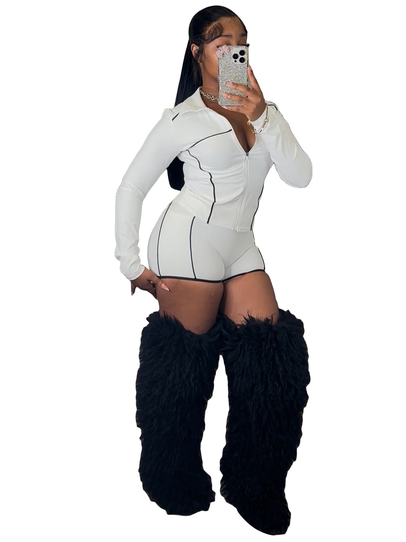 Womens Slim-Fit Zippered Long-Sleeve Top And Shorts Two-Piece Set
