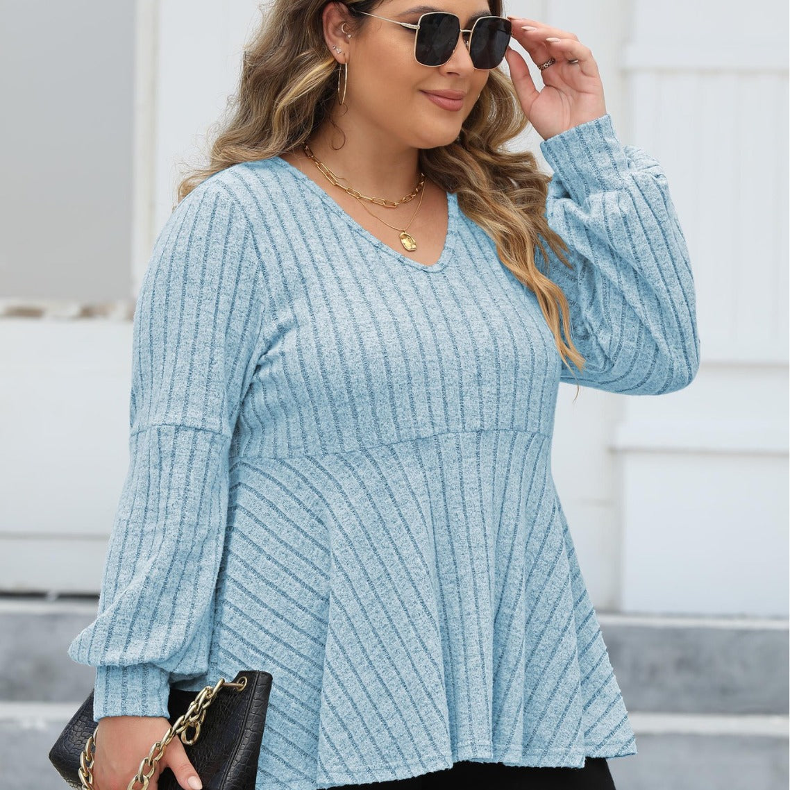 Doll Shirt V-neck Hollow Striped Polar Fleece Lantern Sleeve Bottoming Shirt