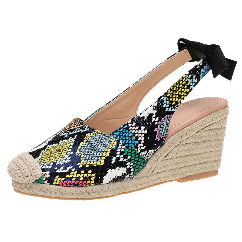 Summer New Hemp Rope Wedges Sandals Female Large Size Bow Snake Print Platform Sandals