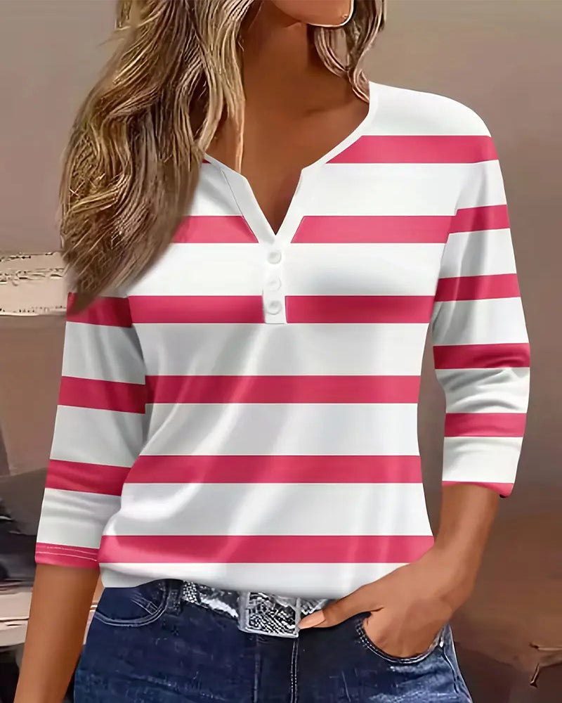 Casual V-neck Button-striped Top T-shirt For Women Stylish And Versatile