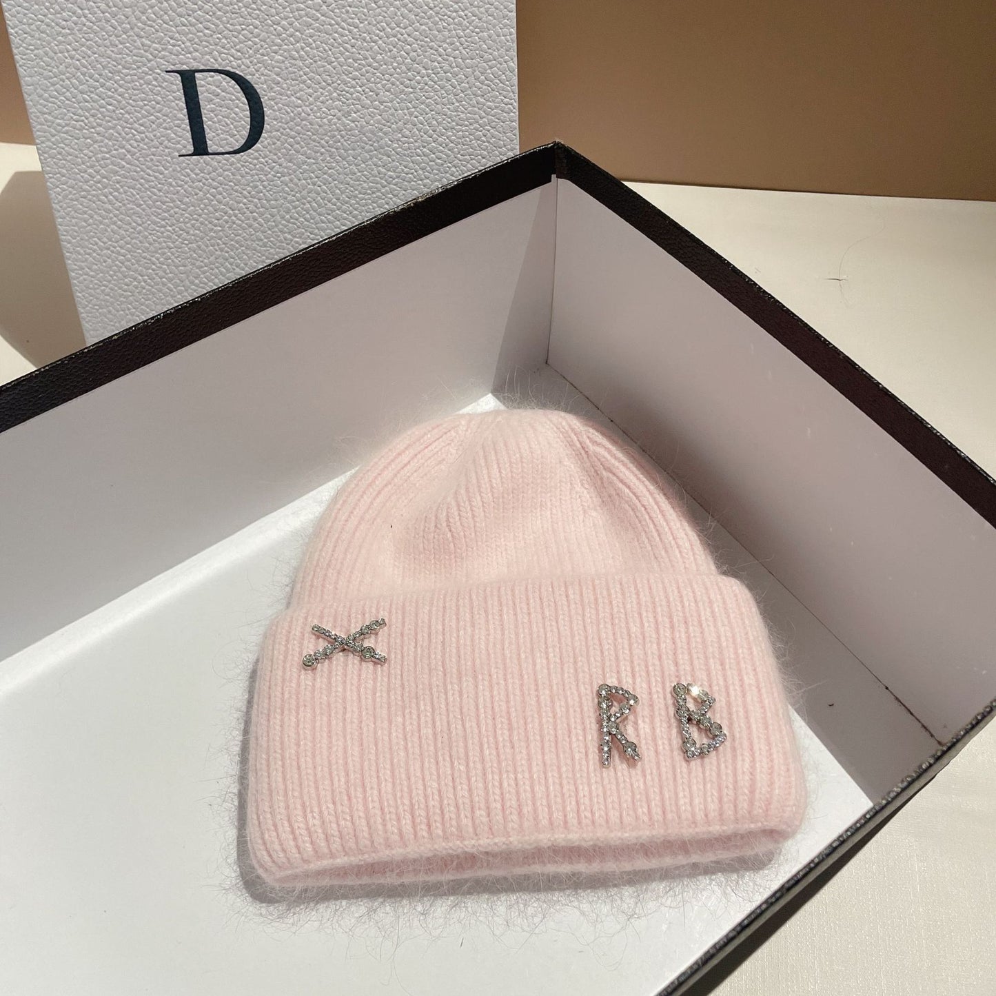 Winter RB Letter Fashion Rabbit Fur Knitted Warm Hat Female