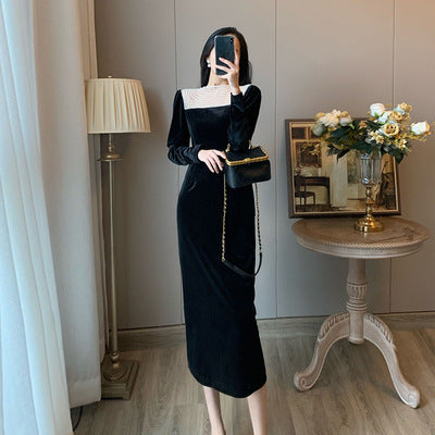 Slim Fit Slim Wrap Hip Black Velvet Dress