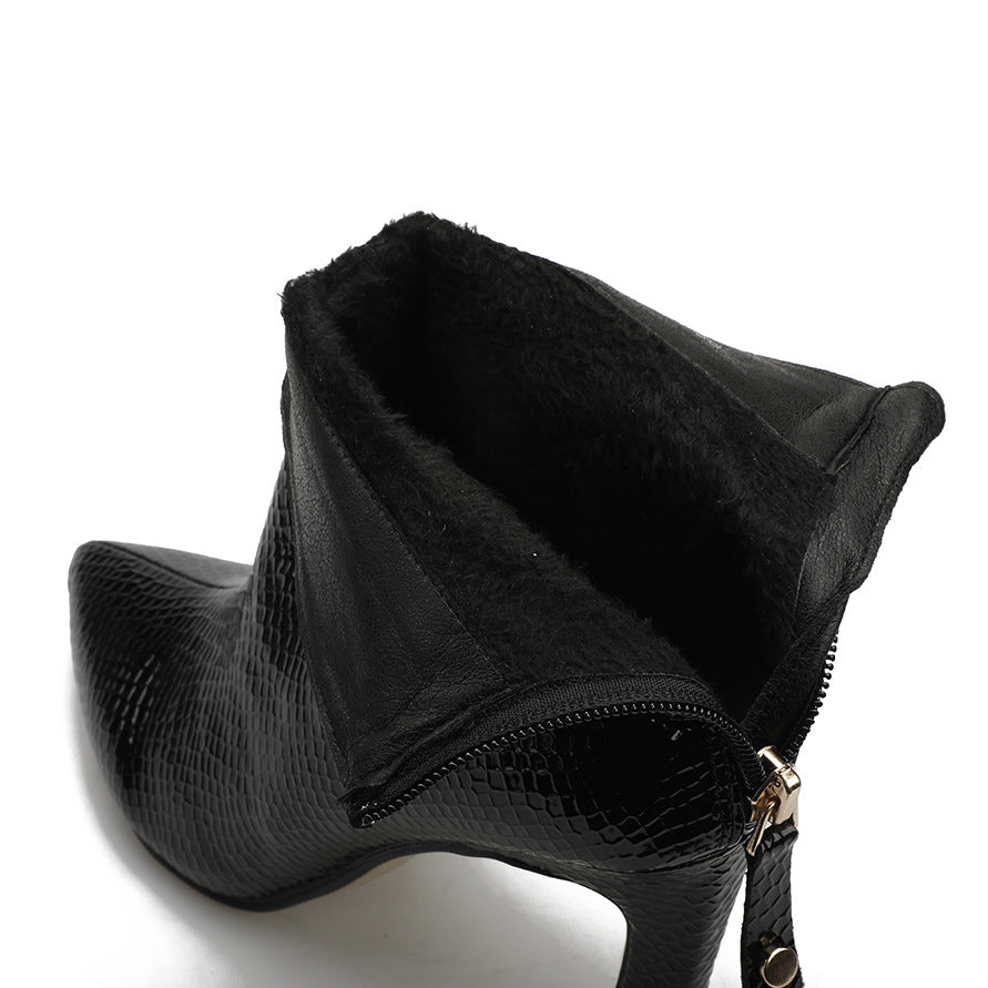 European And American Sexy Pointed Toe Martin Boots Snake Print Stiletto Heel