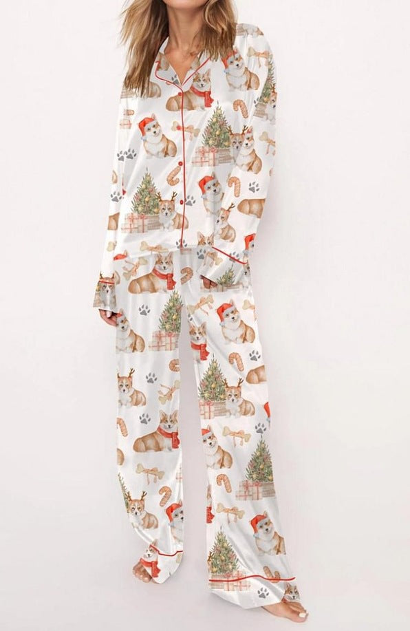 Fashionable Long-sleeve Printed Lapel Loungewear Pajamas