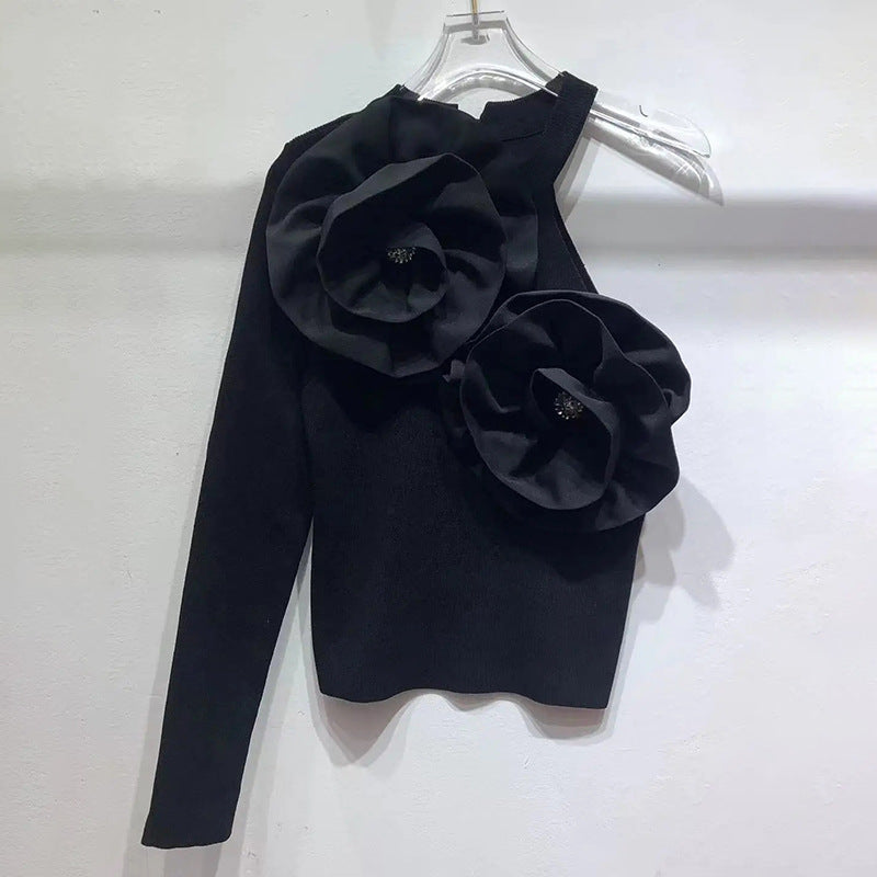 High-end Design Stitching Flowers Slim-fit Knitted Top