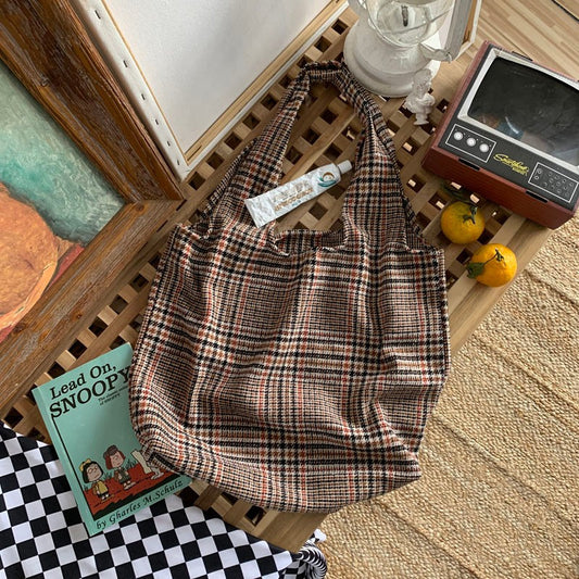 Woolen Plaid Tote Bag Class School Large Capacity Shoulder
