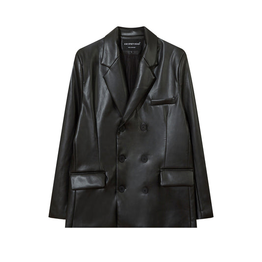 Double Breasted Suit Collar PU Leather Coat