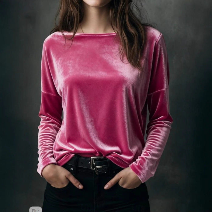 Dame Ensfarvet Løstsiddende Rundhalset Pullover Fløjl T-shirt