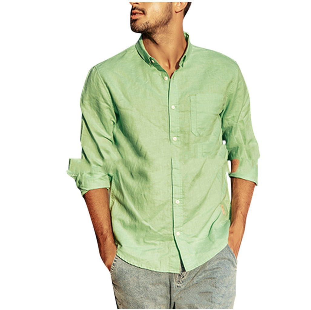 Long Sleeve Cotton Linen Shirt Men's Casual Polo Collar