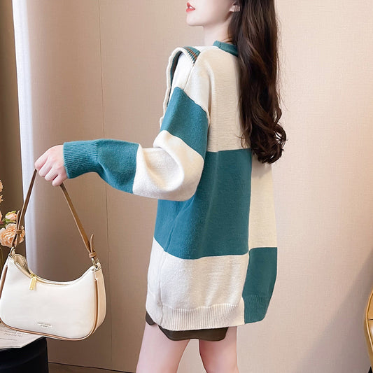 Age-reducing Color Matching Design Round Neck Sweater Loose
