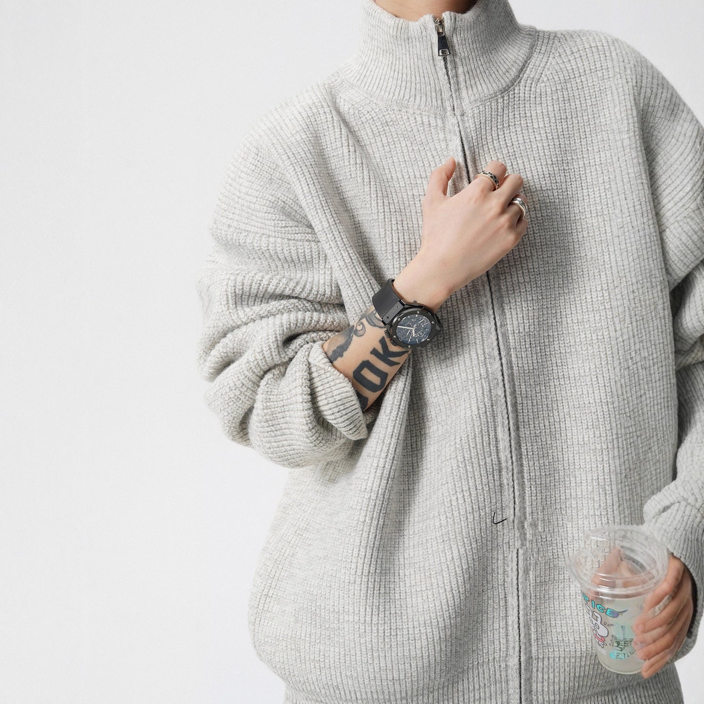 Heavyweight Stand Collar Double Zip-up Solid Color Sweater For Men