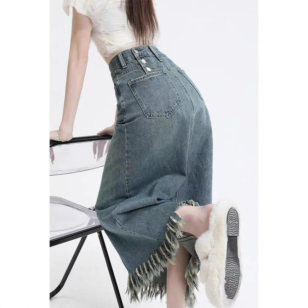 Retro Slids Denim Nederdel Kvinders Kvast Midnatslang Hofte Nederdel