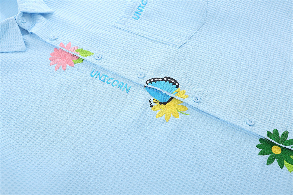 Simple Flower Embroidered Long-sleeved Men's Trendy Fashion Cardigan Casual Loose Waffle Lapel Shirt