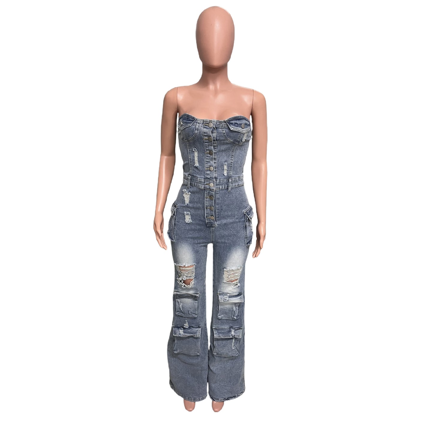 Dame Slim Fit Rygløs Stræk Flared Ærmeløs Denim Jumpsuit