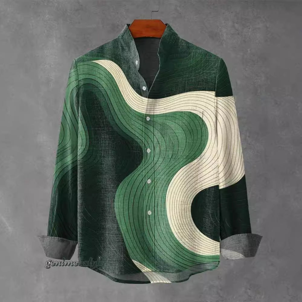 Mens Stand Up Collar Long Sleeve Shirt With Irregular Striped 3D Print
