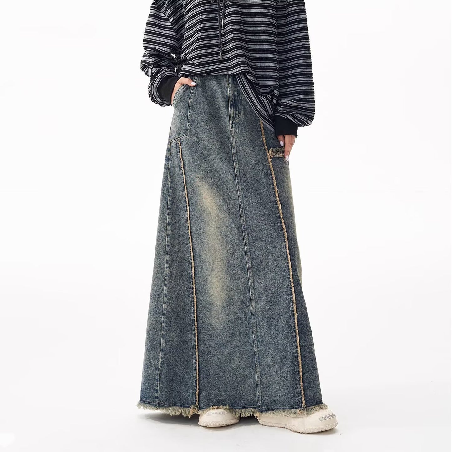 American Style Distressed Raw Edge Denim Skirt Plus Size Women