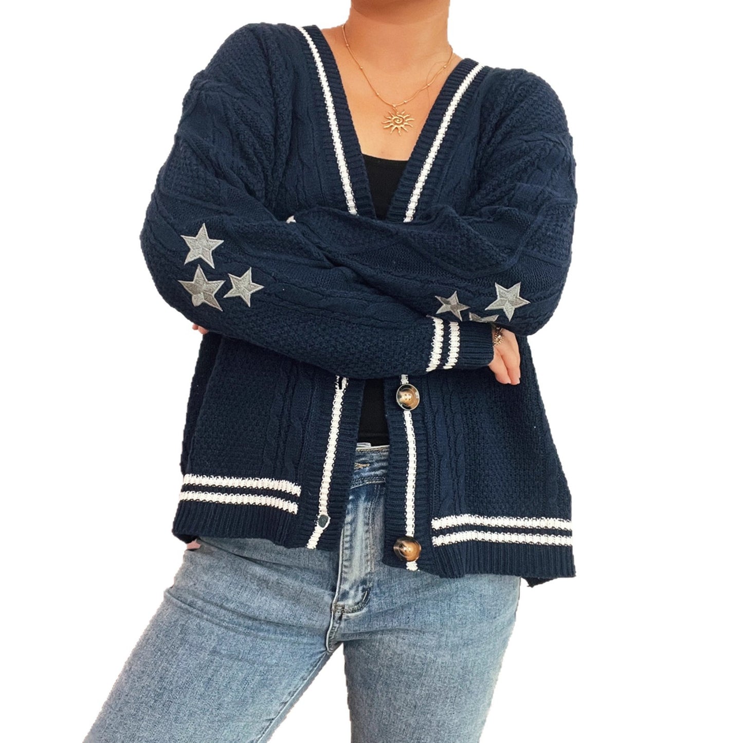 Street Arm Embroidery Knitted Coat V-collar Contrast Color Sweater