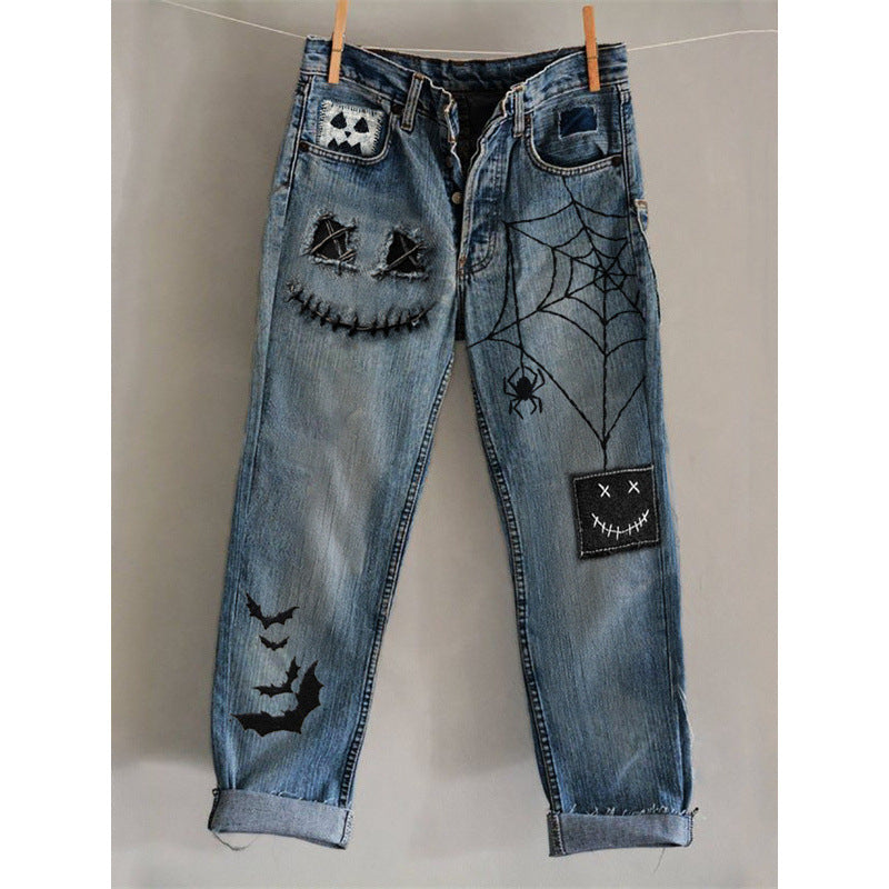 New 3D Heat-transfer Printed Flared Jeans-style Trousers In Faux Denim