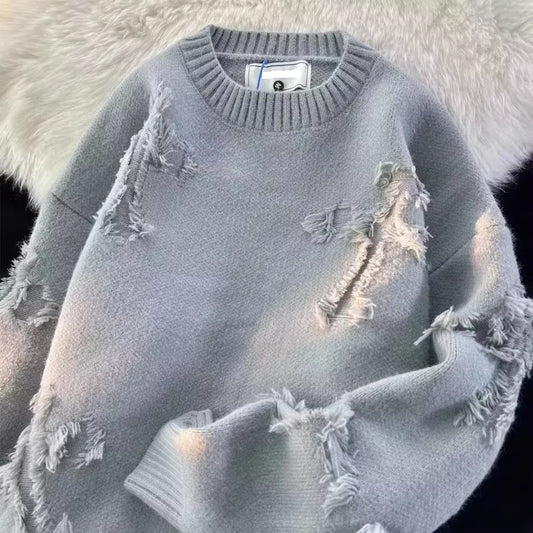 Amerikansk High Street Fashion Brand Ribbet Sweater Med Slidte Detaljer