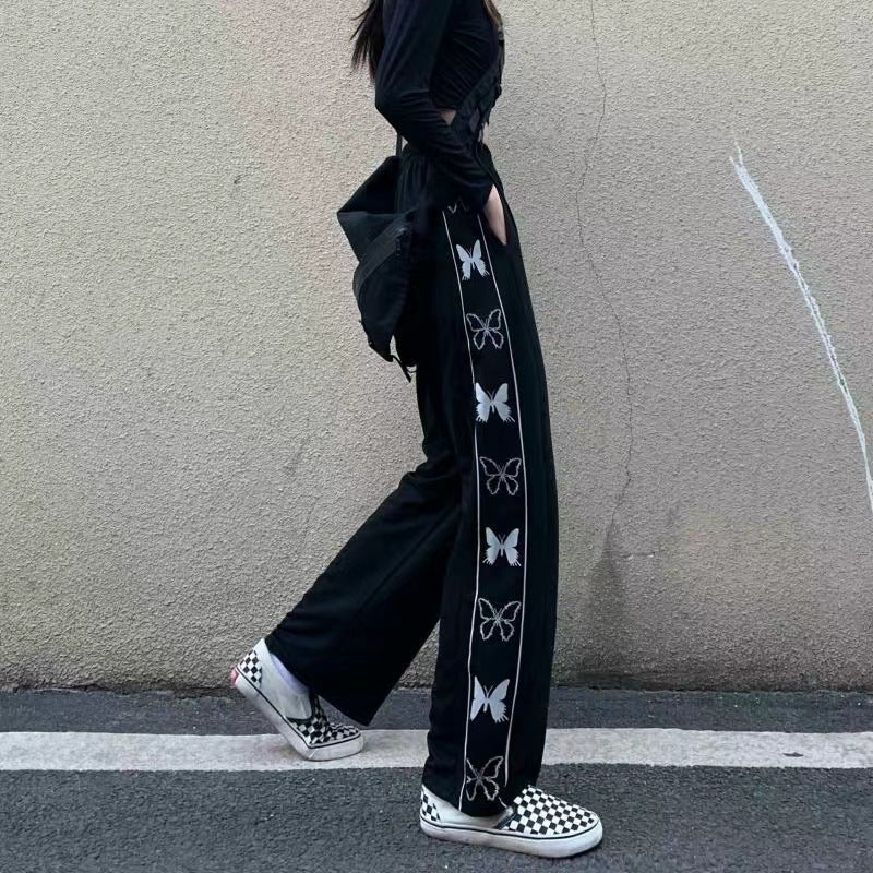 Spring And Autumn Korean Style INS Trendy Retro Butterfly Print Large Size Wide Leg Casual Trousers