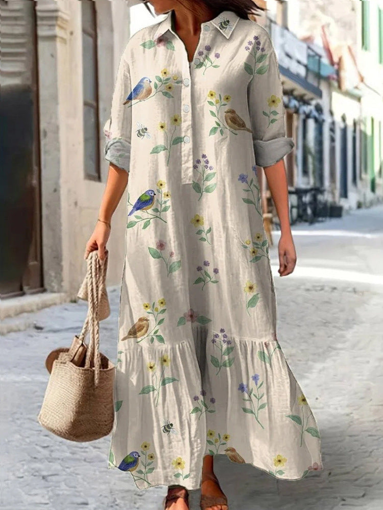 Womens Long-Sleeve Lapel-Neck Digital-Print Dress