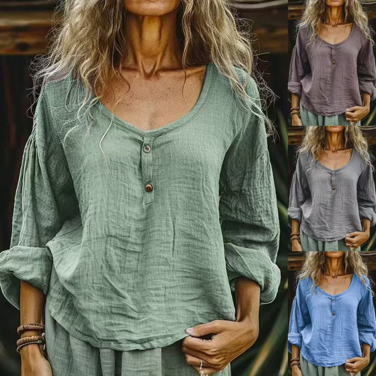 Women's Casual Loose Fashion Long Sleeve Linen Solid Color Top