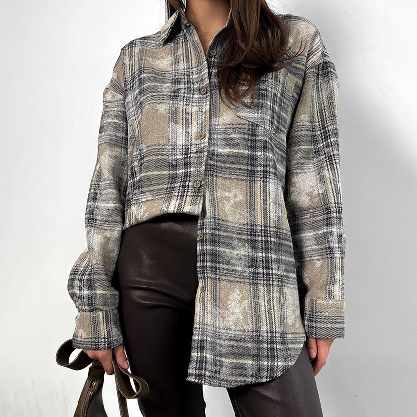 Retro Loose Brushed Plaid Shirt