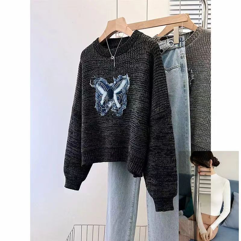 Tassel Denim Pattern Round Neck Sweater Top