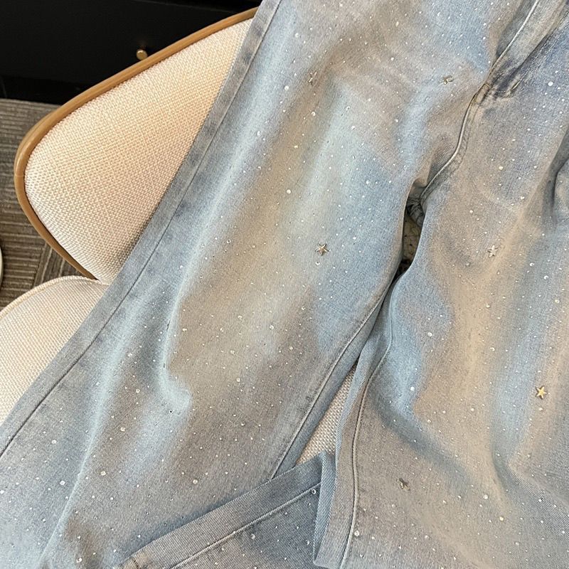 Dame højtaljede, slankende denim bukser med brede ben