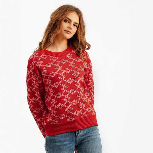 Jacquard Long-sleeved Sweater Loose Round Neck Western Style
