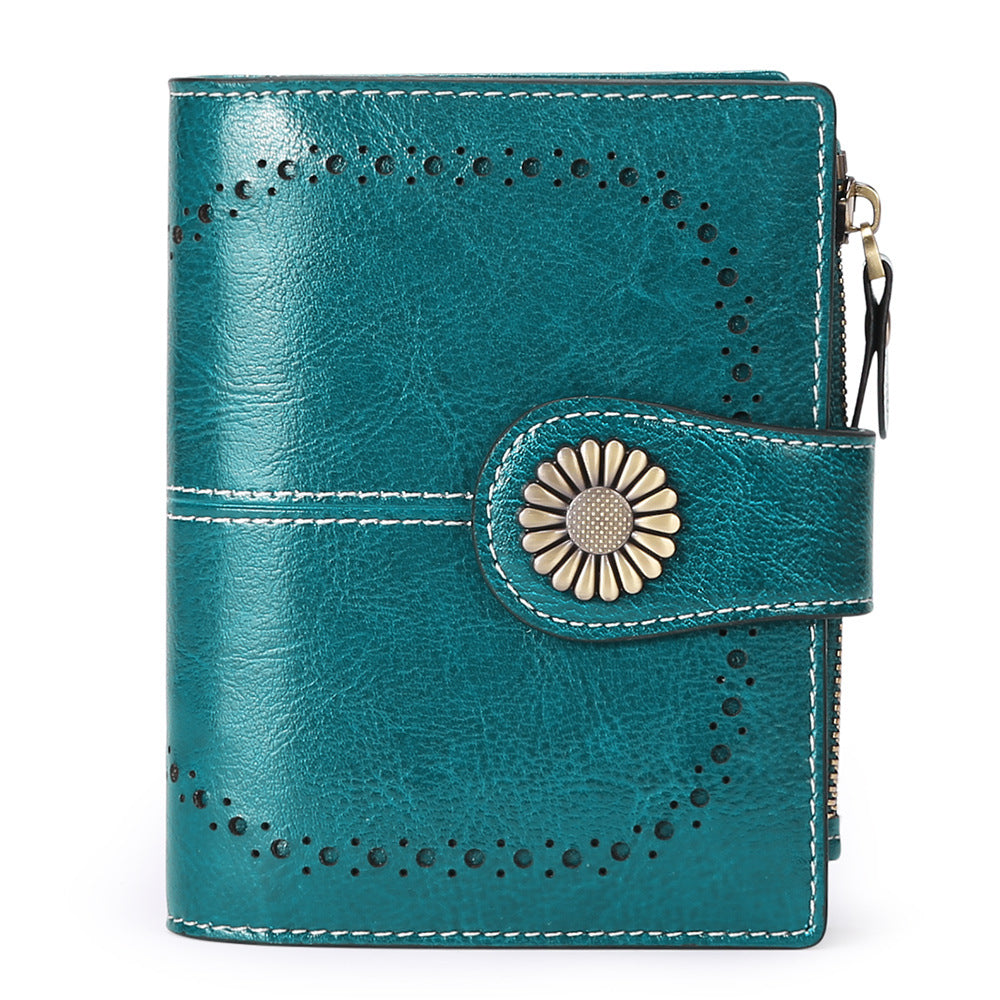 Wallet Women's Short Oil Wax Leather Zipper Card Holder