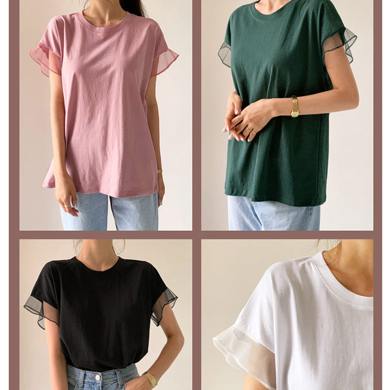 T-shirt til kvinder med rund hals, mesh-flæseærmer og ensfarvet design
