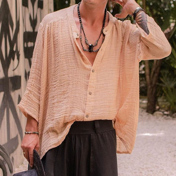 Solid-color Cotton-linen Shirt Mens Long-sleeve Shirt