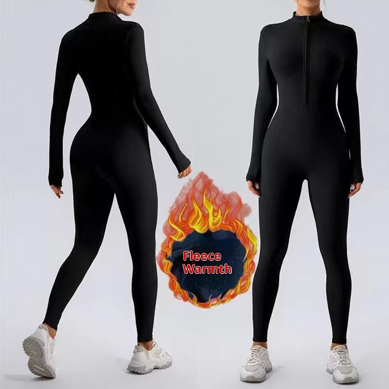 Zipper Nude Feel Close-fitting Fleece Yoga Jumpsuit