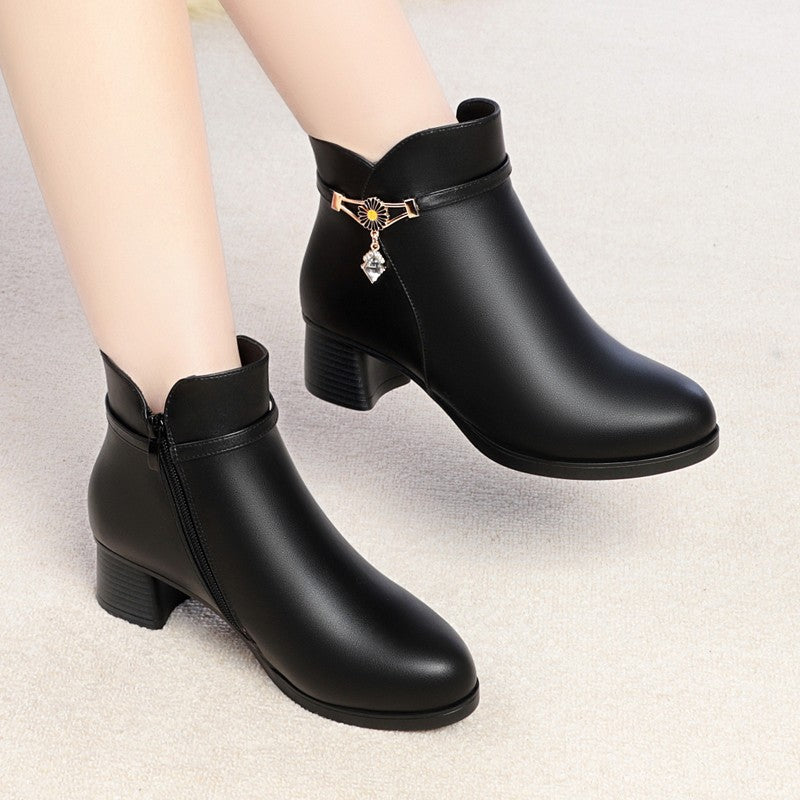 Autumn And Winter Plus Cashmere Leather Casual Short Tube Autumn And Winter Cotton Boots