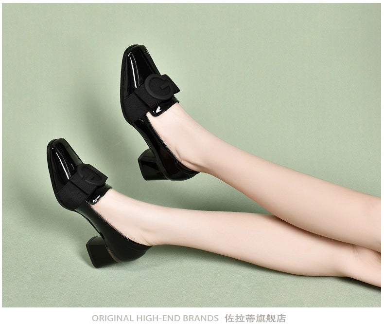 Middle Heel Chunky Heel Soft Leather British Style Square Toe Leather Shoes