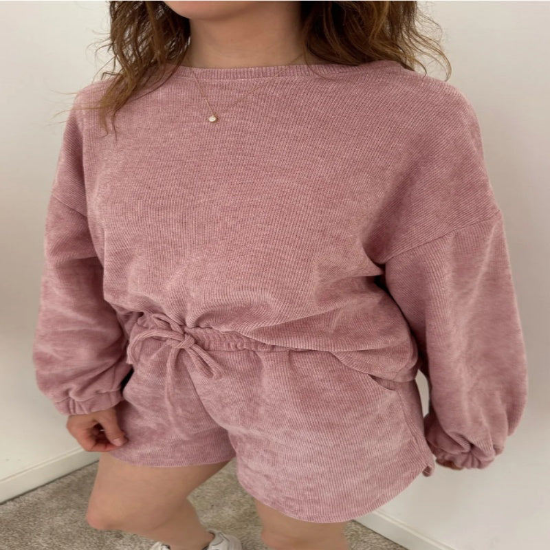 Textured Knit Drop Shoulder Pullover Drawstring Shorts Set
