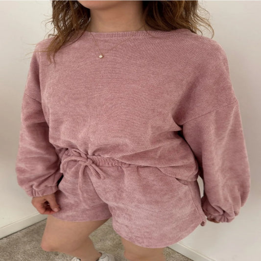 Textured Knit Drop Shoulder Pullover Drawstring Shorts Set