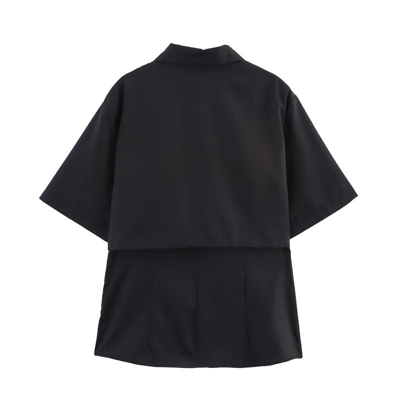 Simple Short-sleeved Lapel Double-layer Design Casual Long-sleeved Shirt