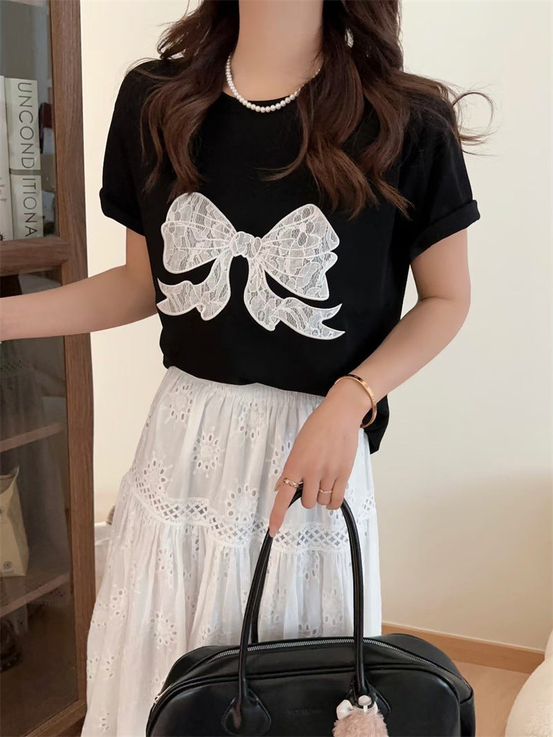 Base Cotton Water-washing Embroidery Bow Student Short Sleeve